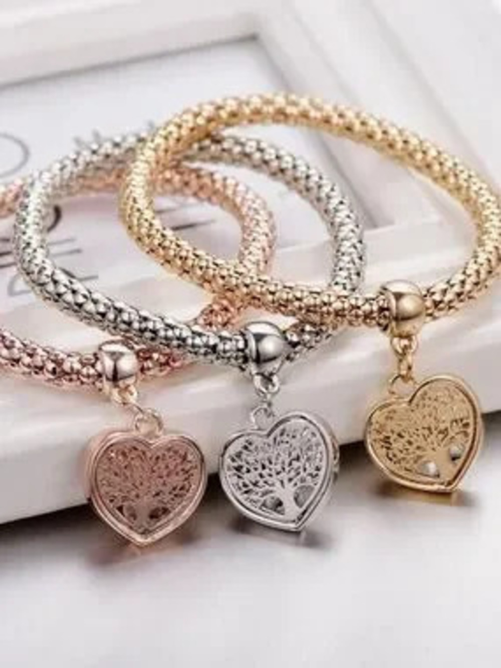Anthropologie Three-Tone Heart Tree Charm Bracelet  Gold, Silver & Rose Gold